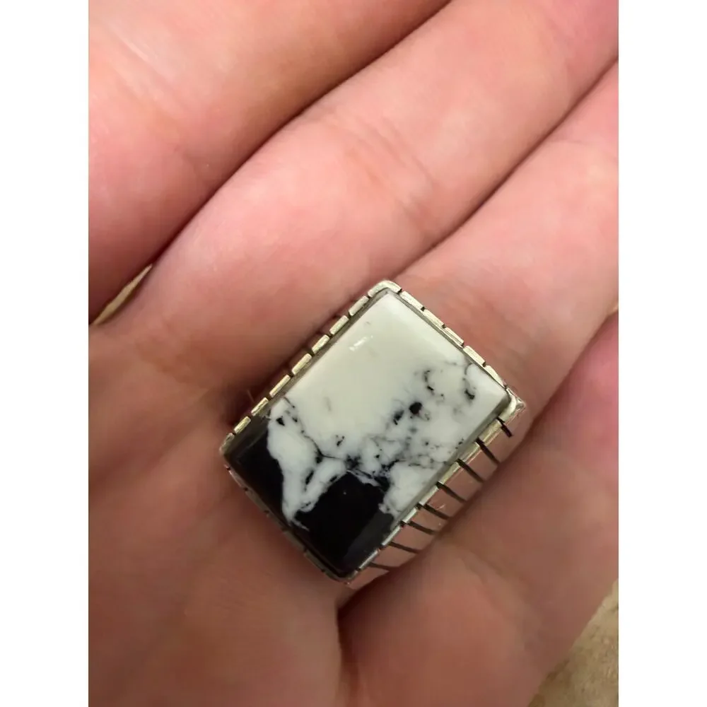 Navajo White Buffalo Turquoise Men's Ring Size 10 Silver  Sterling - Trevor Jack